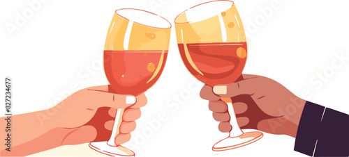 Illustration of two hands clinking glasses of red wine on white background