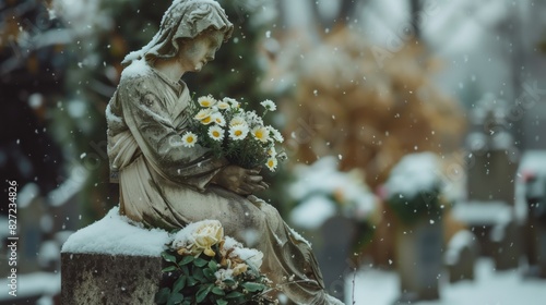 Angel statue in a cemetery with flowers.
Winter season, snow