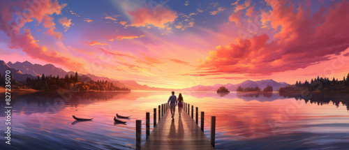A couple is walking across a pier in front of a beautiful sunset