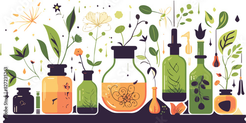 Flowers and herbs in bottles. Vector illustration in flat style.