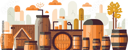 Vector illustration of a wine cellar with wooden barrels, barrels, cacti and other objects.