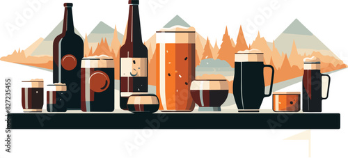 Illustration of beer bottles and glasses on the background of mountains.