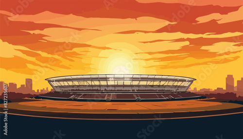 A vector illustration of a sunset over a modern football stadium with a view of the city