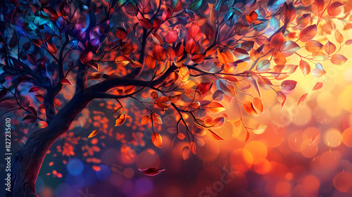 Vivid painting of a tree shedding orange leaves against an electric blue sky photo