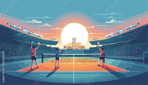 Sportive people playing tennis on the stadium. Flat vector illustration.