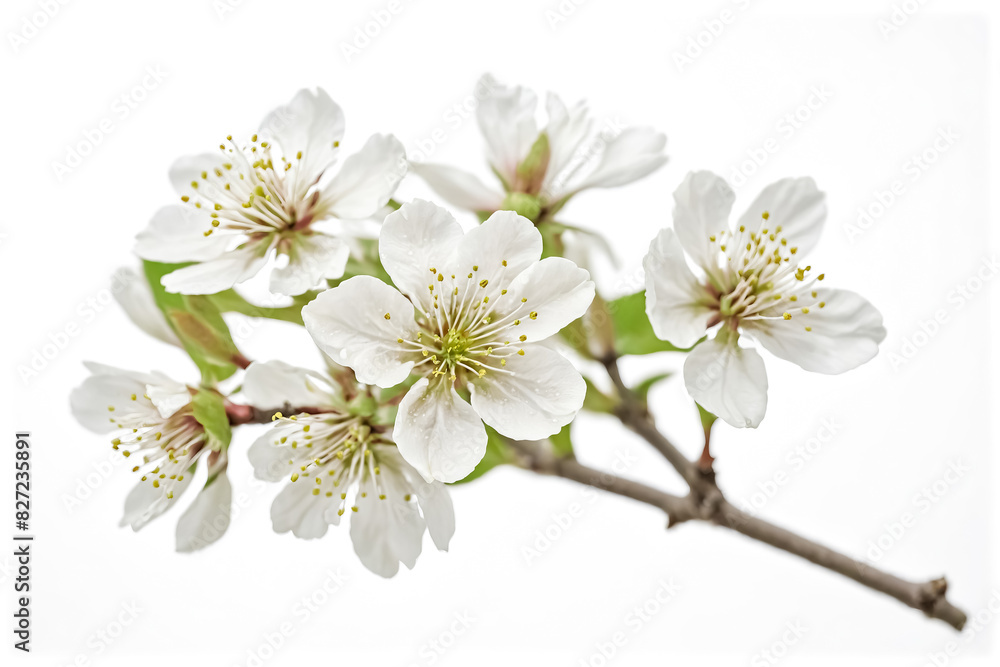 Closeup of White Cherry Blossom Branch with Delicate Petals and Yellow Stamens Closeup of White Cherry Blossom Branch with Delicate Petals and Yellow Stamens
