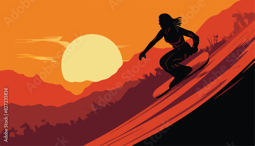 Silhouette of a snowboarder at sunset. Vector illustration