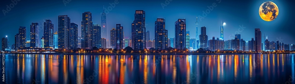 Fototapeta premium A stunning night skyline of a city with illuminated skyscrapers reflecting on the calm water, under a full moon and clear sky.
