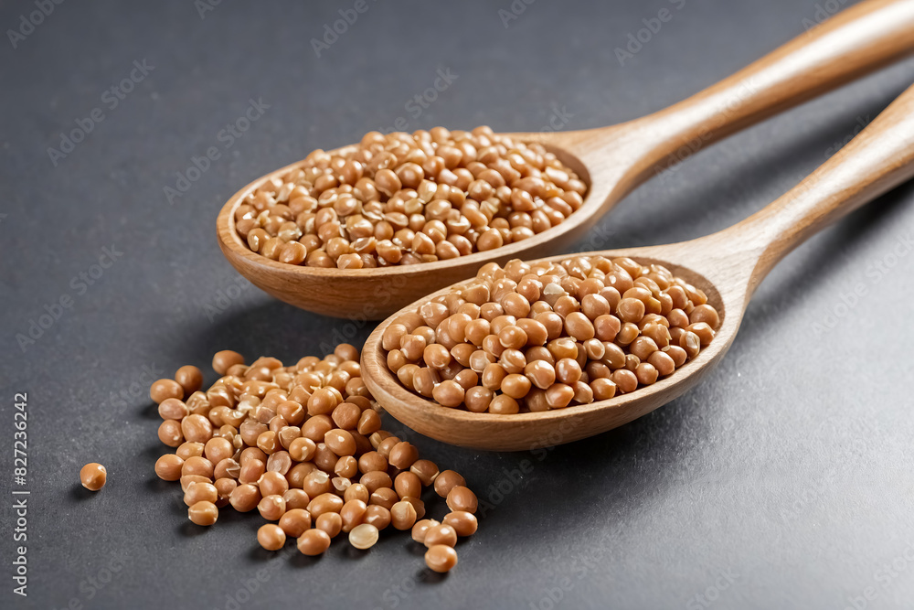 Dried peas in wooden spoons on a grey background Dried peas in wooden spoons on a grey background
