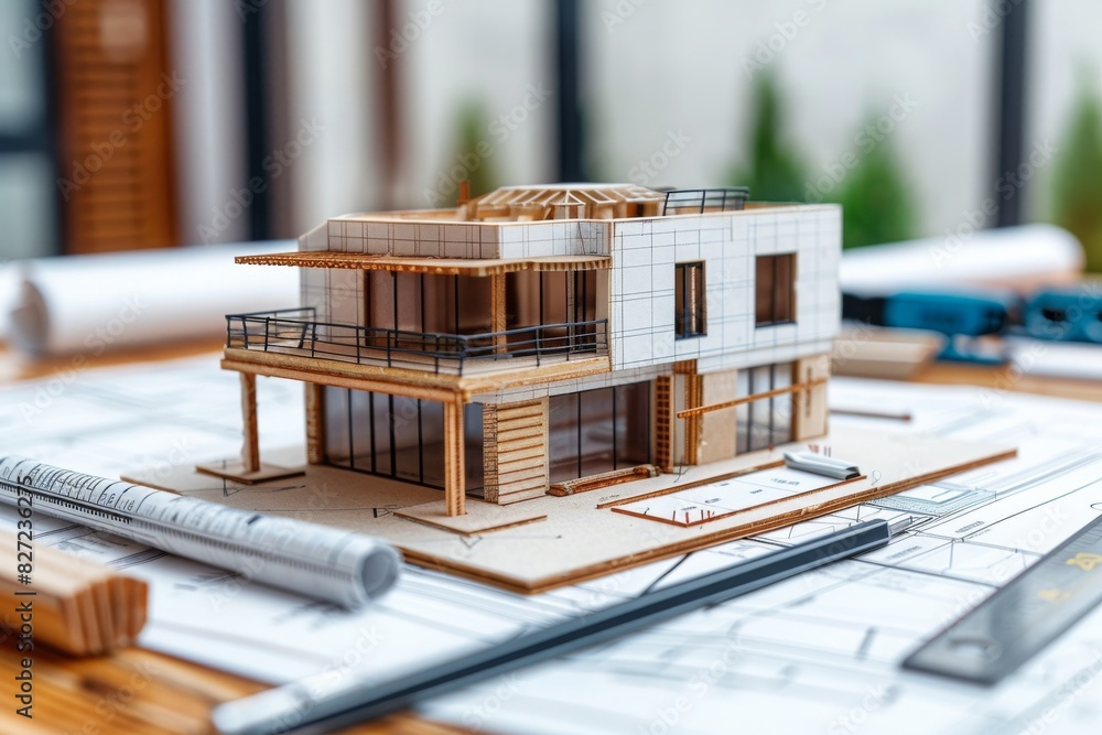 Architectural model of a modern house on a desk surrounded by blueprints and design tools, showcasing detailed construction planning. Architectural model of a modern house on a desk surrounded by blueprints and design tools, showcasing detailed construction planning.