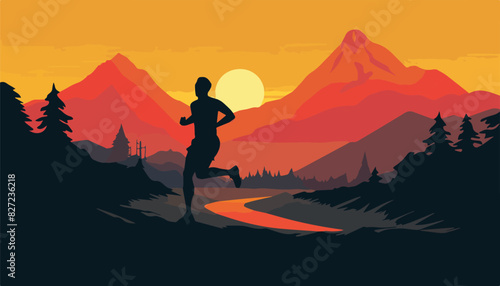 Marathon runner running at sunset in the mountains. Vector illustration.