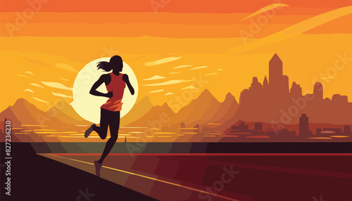 Runner athlete running on city road at sunset. Vector illustration in flat style