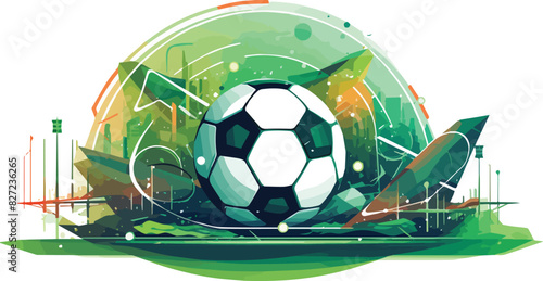 Soccer ball on the background of the city landscape. Vector illustration