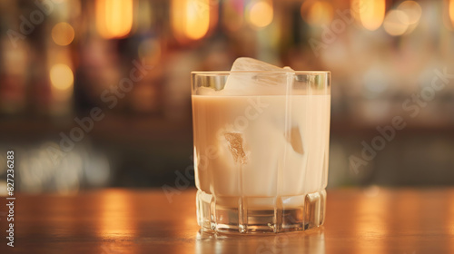 tall glass with white milk cocktail, with small ice cubes on top, on the counter in a luxury restaurant
