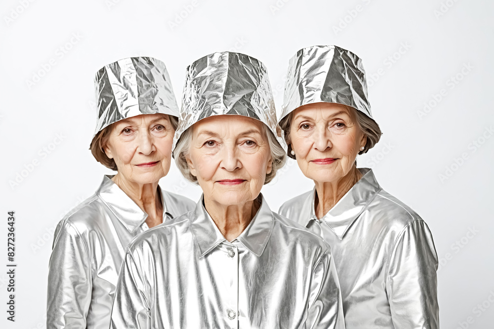 Three Senior Women Wearing Silver Foil Hats and Jackets Three Senior Women Wearing Silver Foil Hats and Jackets