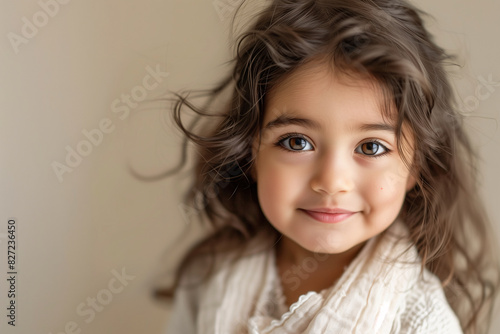 Adorable Smiling Toddler Girl with Curly Hair in Polka Dot Dress Looking at Camera