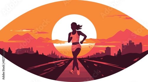 Illustration of a woman running on the road with sun set in the background