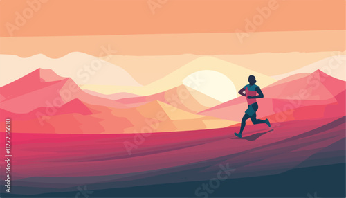 Running man in red desert. Runner jogging at sunset. Vector illustration