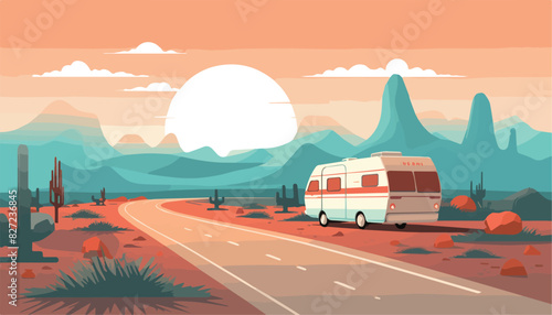Camper on road in desert. Road trip. Vector illustration in flat style