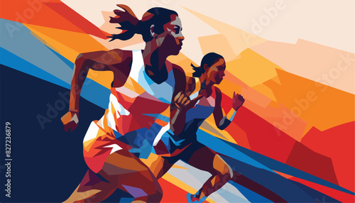 African american woman and man running in abstract background, vector illustration