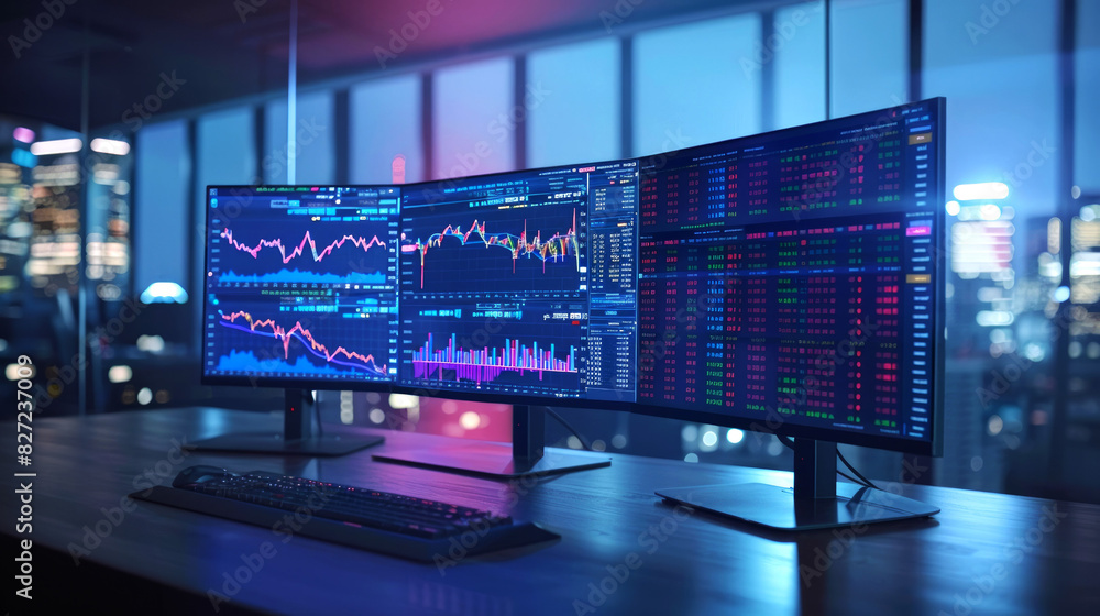 Trading graphs on computer monitors in a high-tech office. Multiple screen trading station with financial data. Concept of market analysis, finance professionals, and trading strategies. Trading graphs on computer monitors in a high-tech office. Multiple screen trading station with financial data. Concept of market analysis, finance professionals, and trading strategies.
