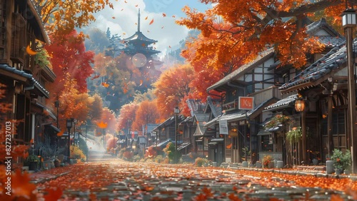 Maple trees line the paths between the houses, providing a beautiful autumn scene. seamless looping time-lapse animation video background  photo
