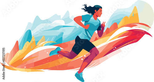 Vector illustration of a woman running in the mountains. Healthy lifestyle concept.