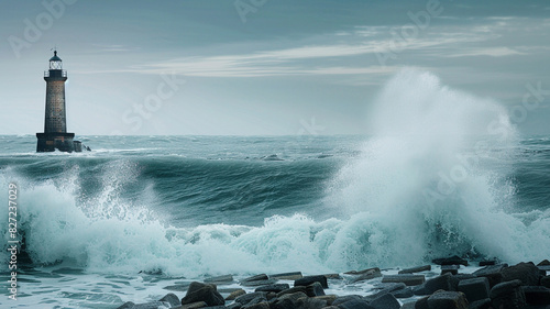 a tranquil seascape with a lone lighthouse standing sentinel against the crashing waves