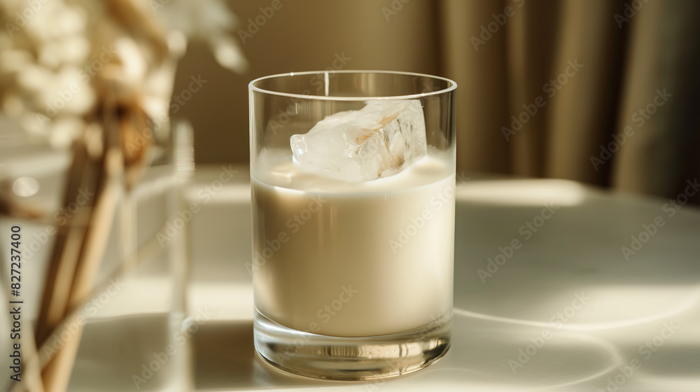 A glass of milk with ice cubes on the table, in a closeup shot against a beige background A glass of milk with ice cubes on the table, in a closeup shot against a beige background