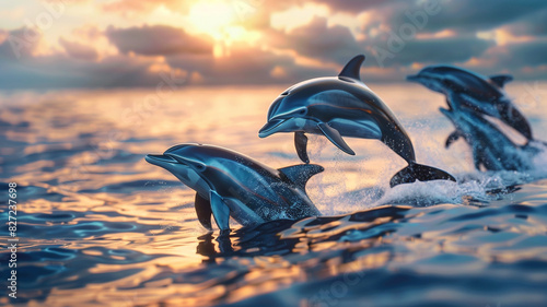 a tranquil seascape with a pod of dolphins playing in the shimmering waters at sunrise photo
