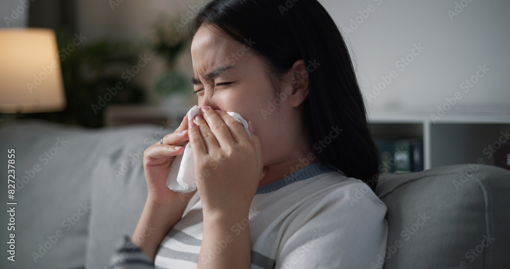 Portrait of Unwell young woman having a cold, sneezing and blowing your nose while sitting on sofa in the living room at home, healthcare woes Portrait of Unwell young woman having a cold, sneezing and blowing your nose while sitting on sofa in the living room at home, healthcare woes
