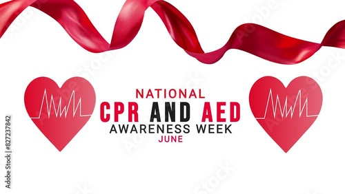 national cpr and aed awareness week. Red color ribbon wave motion. love animation. photo