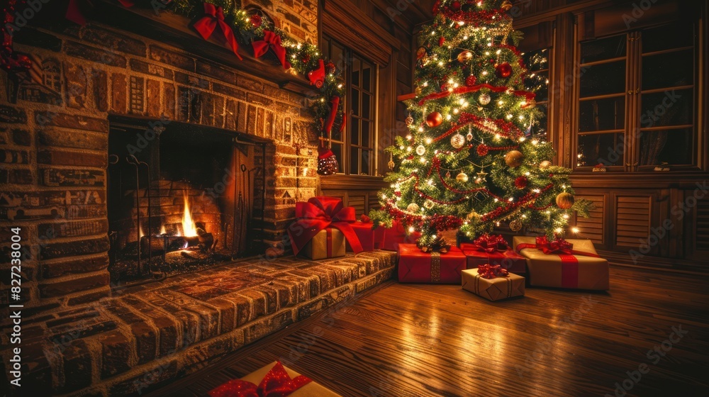 Fototapeta premium Christmas tree stands beside a fireplace, adorned with twinkling lights and ornaments.
