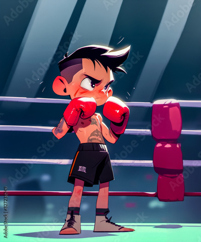 watercolor image of a determined-looking boy with tattoo on body standing inside boxing ring  ready to boxing at red side in boxing stadium,