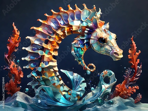 Create a holographic representation of a seahorse in a coral reef, abstracted into dynamic geometric forms and patterns that capture the beautiful intricate ecosystem and vibrant marine life. photo