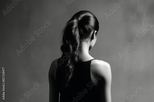 black and white portrait of a beautiful young woman on a gray background in a black dress. retro style. view from behind with copy space.