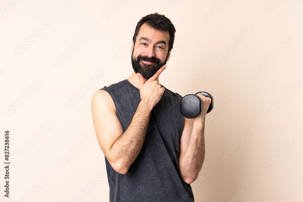 Caucasian sport man with beard making weightlifting over isolated background happy and smiling Caucasian sport man with beard making weightlifting over isolated background happy and smiling