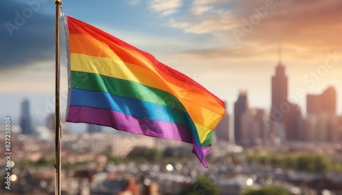 waving lgbt flag against the backdrop of a big city and skyscrapers, queer gay pride month, the fight against homophobia