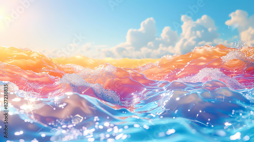Vivid colors of the ocean with a bright sunny sky and fluffy white clouds. The waves are crystal clear and the sun is shimmering on the surface.