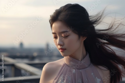 japanese woman standing on the rooftop outdoors