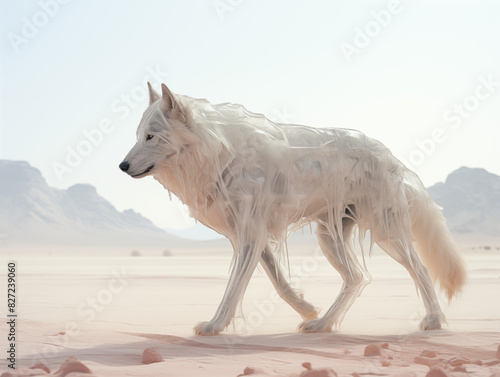 Wolf Walking Through A Dreamlike Desert Landscape