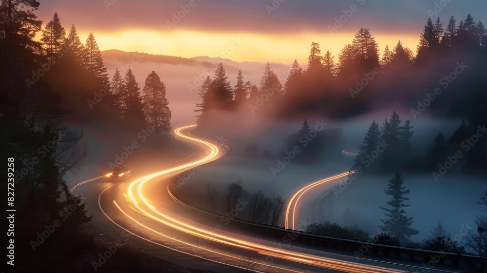 Headlights and traffic lights on a winding road through the mountains.