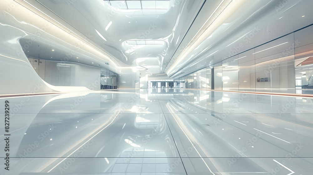 Obraz premium Sleek, empty showroom with clean lines and glossy surfaces