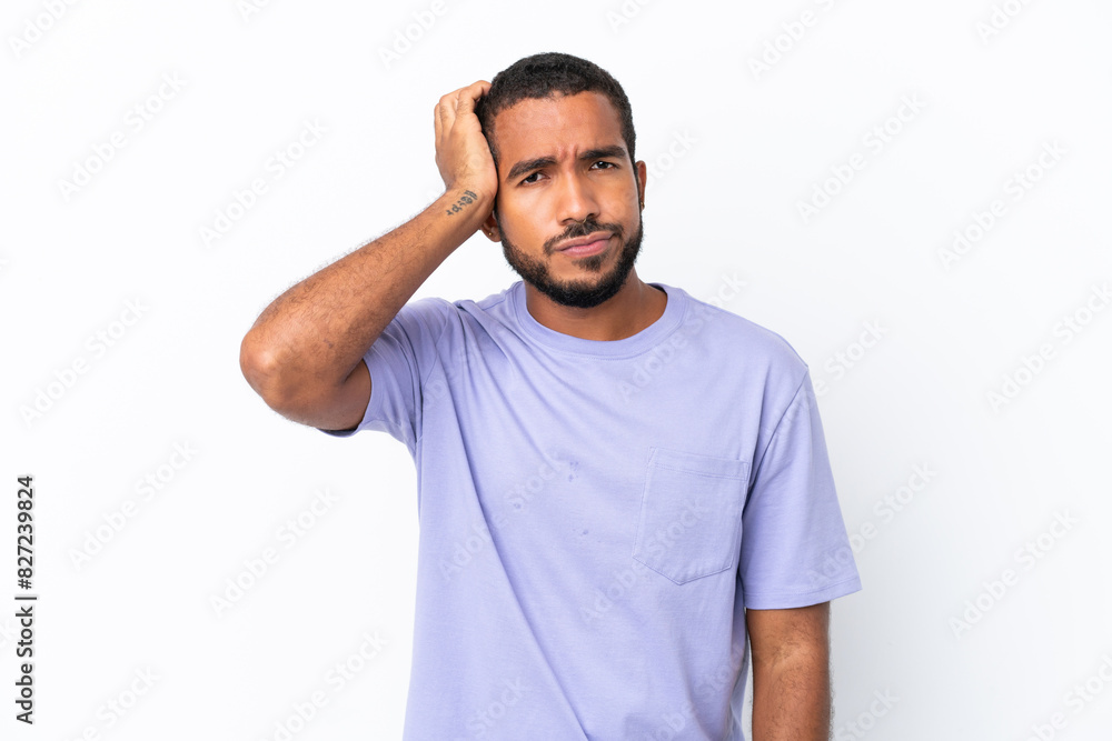 Fototapeta premium Young Ecuadorian man isolated on white background with an expression of frustration and not understanding