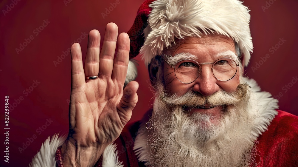 Smiling Santa Claus waves with joy. Christmas Cheer Captured by AI. Festive Holiday Spirit. AI Smiling Santa Claus waves with joy. Christmas Cheer Captured by AI. Festive Holiday Spirit. AI