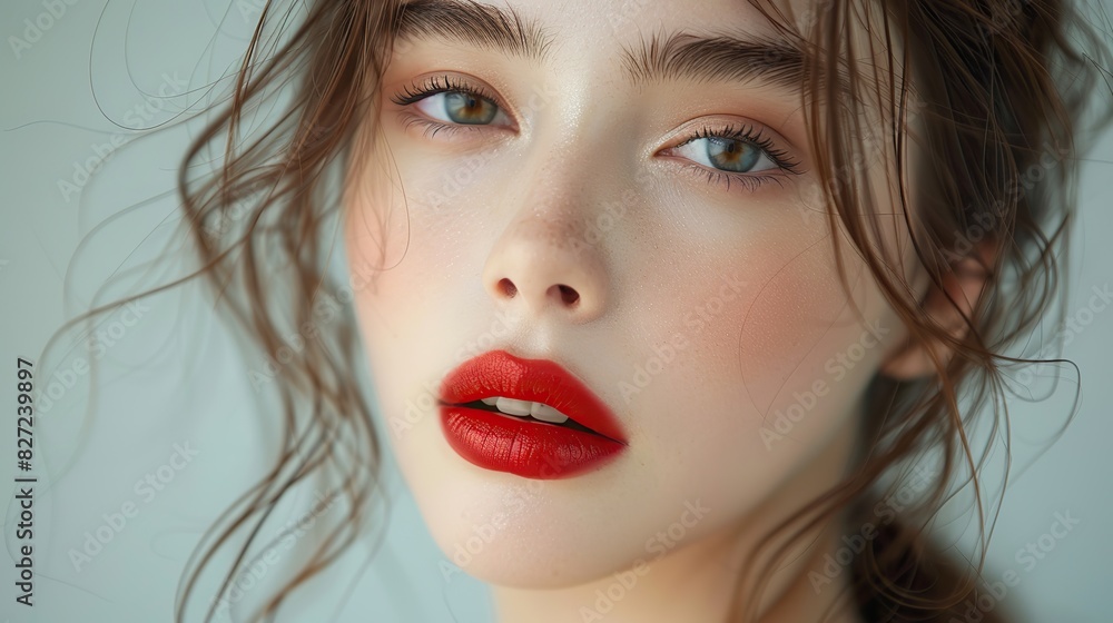 Fototapeta premium woman red lipstick and beauty makeup in cosmetics or skincare face of female person or model with facial product or color in confidence self love or care at white background