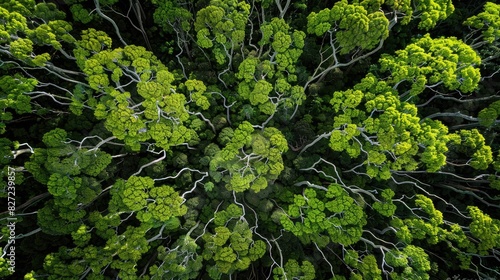 Crown shyness trees pattern in Tropical Forest with Lovely Green Trees photo