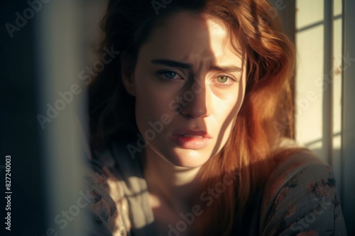 worried woman sitting with sunlight on face at home © alisaaa