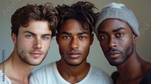 three men with diverse skin tones standing together in a studio showing the results of a consistent skincare routine