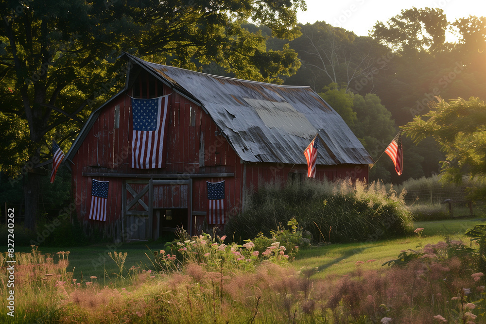 Fototapeta premium Vintage Red Barn with American Flags in Warm Glow